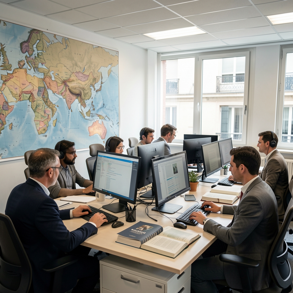 Salle de rédaction moderne de Hyxlora à Lyon avec des analystes travaillant sur des écrans, des livres de référence et des cartes géopolitiques murales
