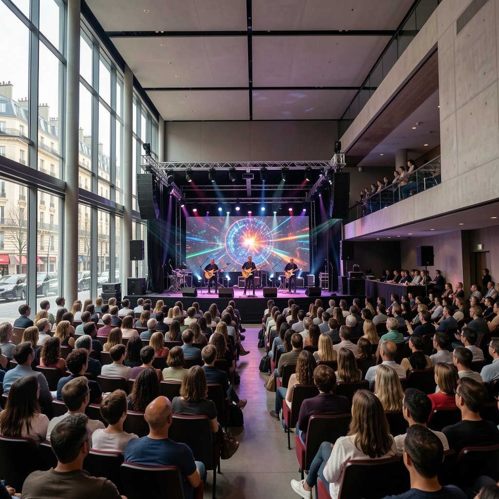 Salle de spectacle contemporaine avec des spectateurs regardant une performance artistique multimédia combinant projections visuelles numériques et musique live dans un cadre architectural moderne parisien
