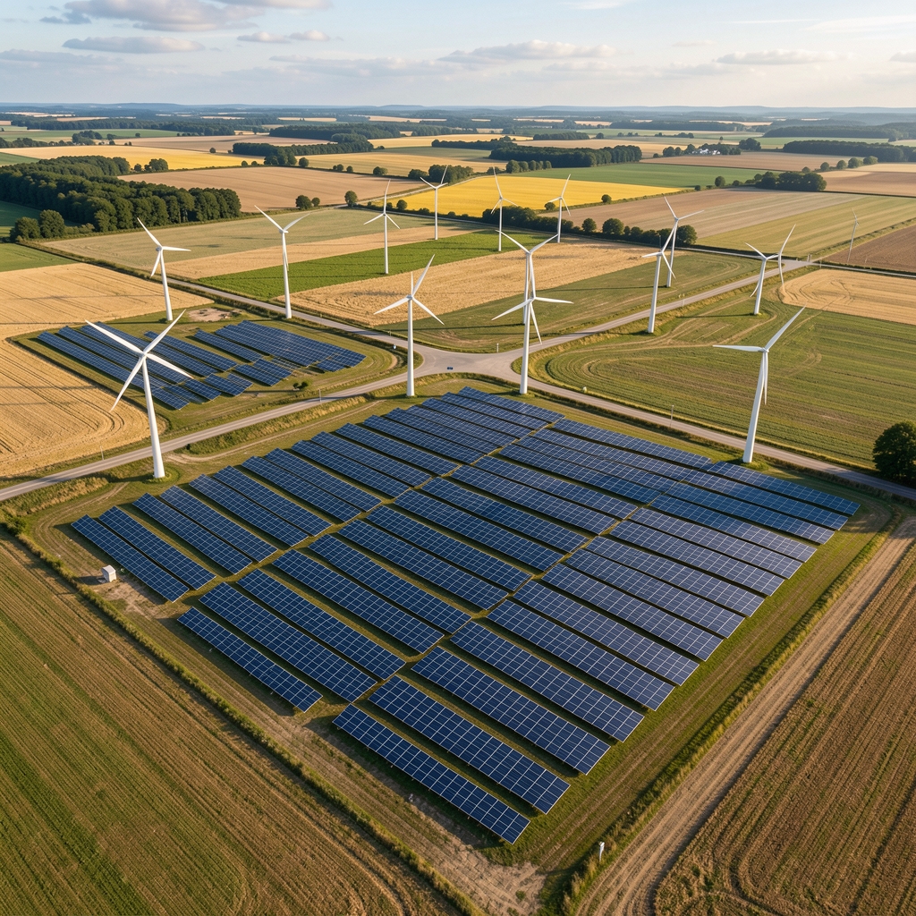 Vue aérienne de panneaux solaires et éoliennes dans une zone rurale française illustrant la transition énergétique et les énergies renouvelables