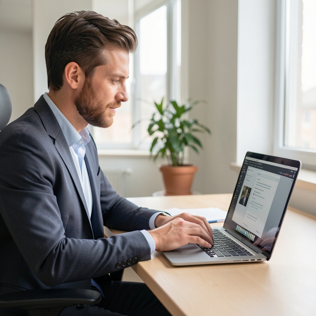 Professionnel travaillant sur un ordinateur portable avec des interfaces d'intelligence artificielle affichées sur l'écran, bureau moderne ouvert avec lumière naturelle et environnement de travail contemporain