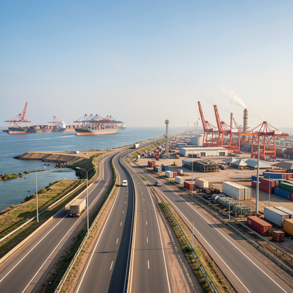 Infrastructures construites par la Chine en Afrique — routes, ports et projets industriels illustrant la diplomatie économique sino-africaine