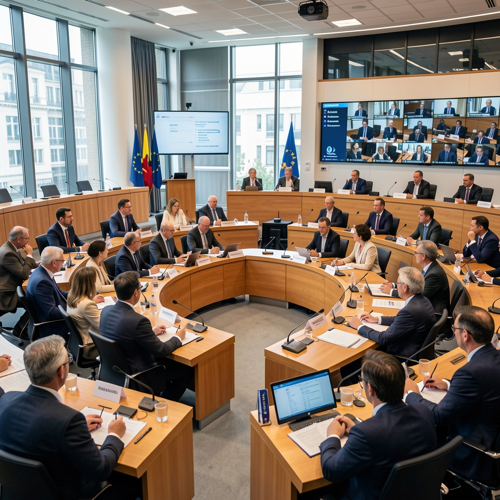 Assemblée parlementaire européenne en pleine session avec des élus discutant des enjeux démocratiques et institutionnels contemporains